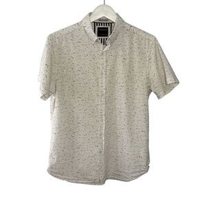 Denim & Flower short sleeve button down- white with black print - M